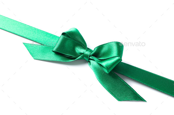 Green ribbon with bow isolated on white background. Gift concept Stock