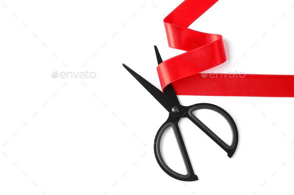 Cutting Red Ribbon Scissors White Background Opening Procedure