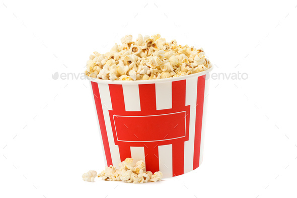 Striped bucket with popcorn isolated on white background Stock Photo by ...