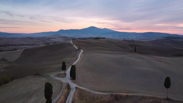 Val d'Orcia Cypress Trees Road and Farmhouse in Tuscany Aerial View alt