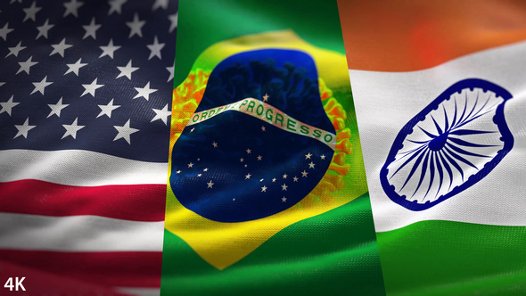 Indian Brazilian & American Flags Waving with Coronavirus Overlay