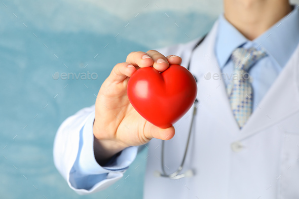 Doctor holds heart against blue background, close up - Stock Photo - Images