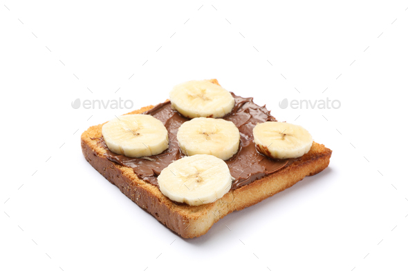 Toast with chocolate cream and banana slices isolated on white background
