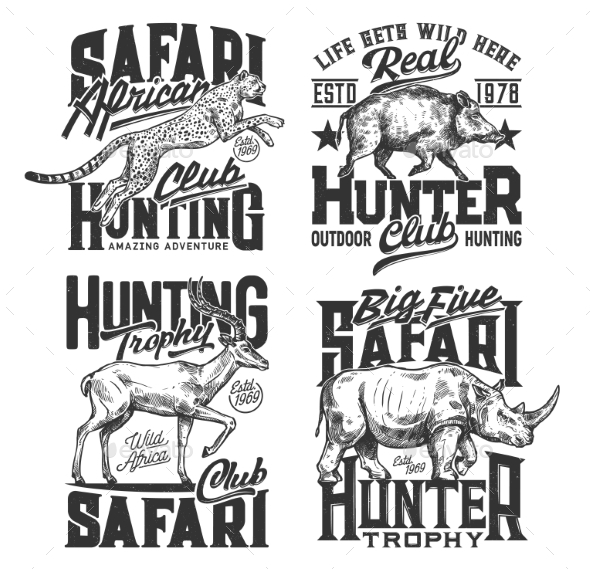 Safari Hunting t Shirt Prints Hunt Club Animals by VectorTradition