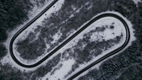 Aerial View of a Serpentine Road Goes Through Snowy Forest in Carpathian Mountains Winter Time
