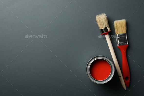 Cans with paint and brushes on two tone background, top view Stock Photo by  AtlasComposer