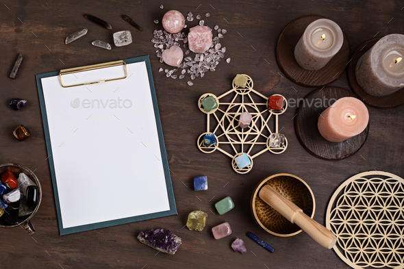 Healing chakra crystal grid therapy. Rituals with gemstones and aromatherapy for wellness, healing
