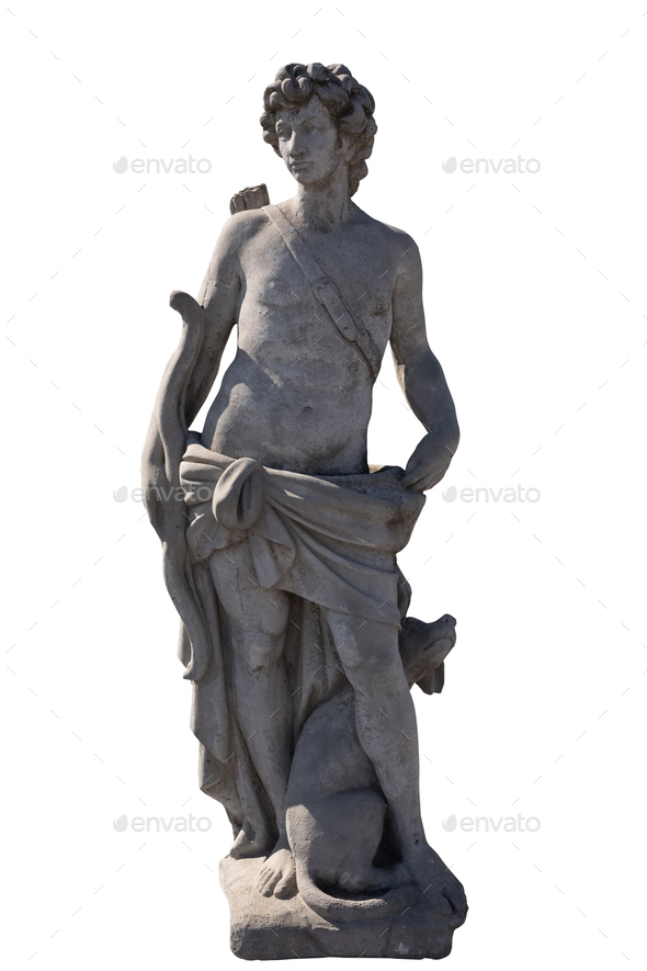 Stone sculpture of male hunter with dog on white background