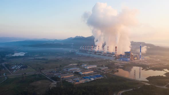 Aerial view, morning coal power plant.
