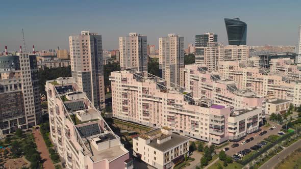 Moscow Streets, Aerial Survey, Modern Residential Buildings in a Modern Area with a Park Aerial