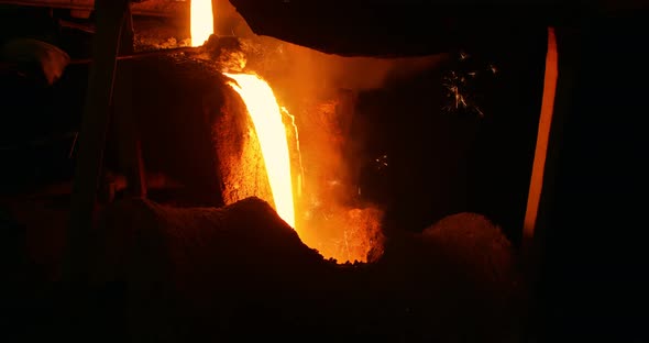 Room for the manufacture of metal products by casting Sparks of hot metal fly apart. Close-up.