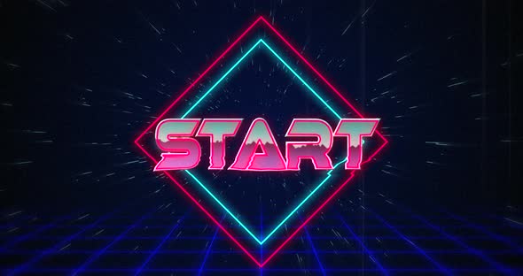 Retro Start text glitching over blue and red squares on white ...