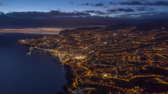 Drone Shot of Illuminated Funchal City at Night Madeira Island Portugal alt