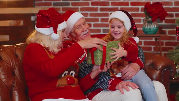 Grandparents Gifting Christmas Xmas Present Box to Amazed Happy Granddaughter at Home Celebrating alt
