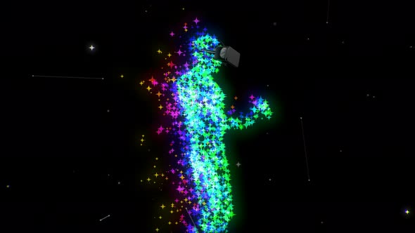 VR Headset on a Human made of Stars with Plexus Background