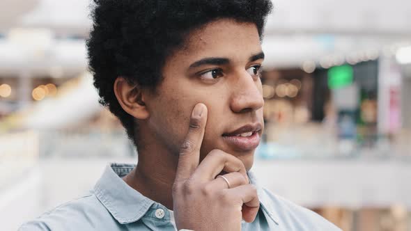 Closeup Male Pensive Face Portrait African American Puzzled Business Man Standing Indoors Deep in alt