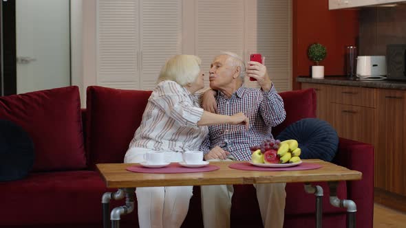 Grandmother and Grandfather Making Video Call Online on Mobile Phone at Home. Smiling Senior Couple alt