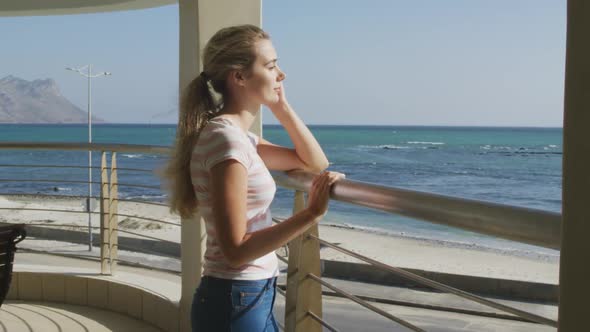 Caucasian woman self isolating at home during coronavirus covid19 pandemic alt