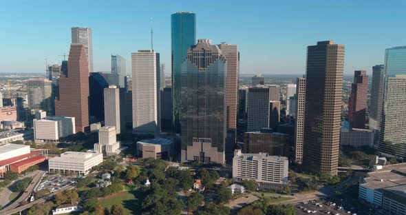 Drone view of skyscrapers in the Downtown Houston area. This video was filmed in 4k for best image q alt