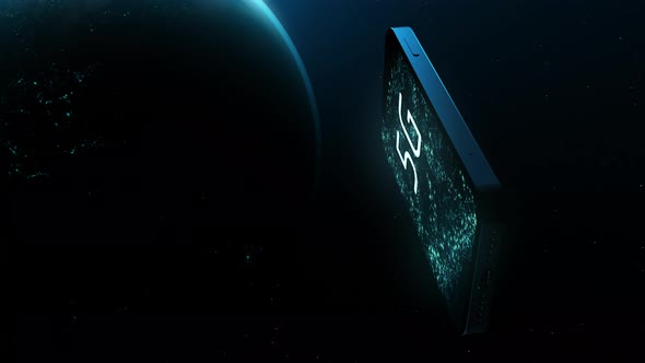 the smartphone in space is turned by the screen towards the camera alt