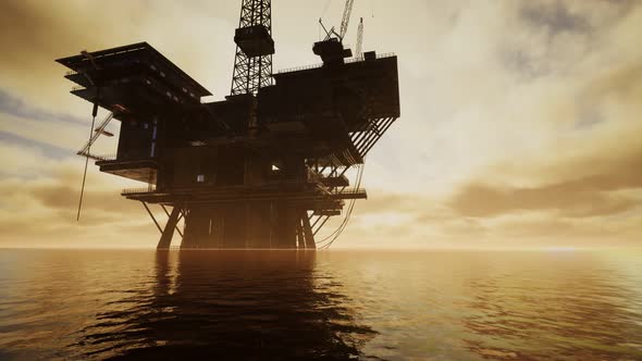 Offshore Jack Up Rig in The Middle of The Sea at Sunset Time alt