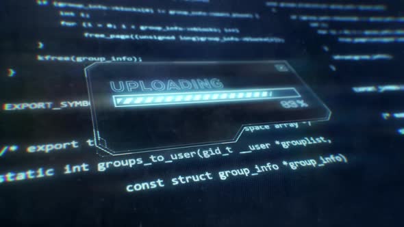 Computer Code Displayed on Sci-Fi Screen as Uploading Message is Displayed