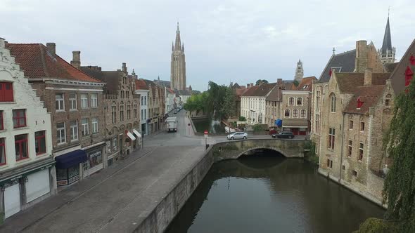 Aerial view of Rozenhoedkaai street in Bruges
