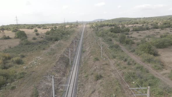 Aerial view of empty Railway lines in Samtskhe-Javakheti region of Georgia. alt