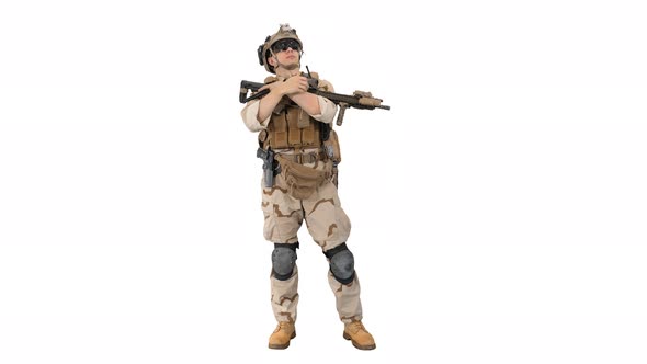 Tired American Soldier with a Rifle Standing on White Background. alt
