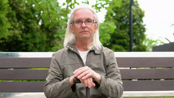 Portrait of Elderly Man Smiling on Bench in Public City Park alt