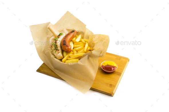 Two sausages and chips, fast food
