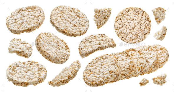 Puffed rice bread isolated on white background, diet crispy round rice waffles