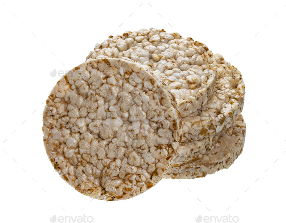 Puffed rice bread isolated on white background, diet crispy round rice waffles