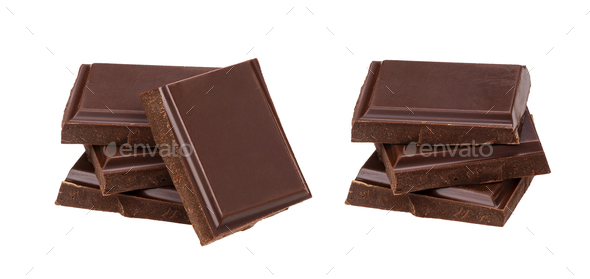 Dark chocolate bars isolated on white background. Stack of chocolate pieces, closeup