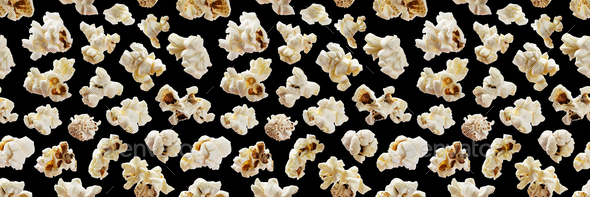 Popcorn seamless pattern. Pop corn on black background