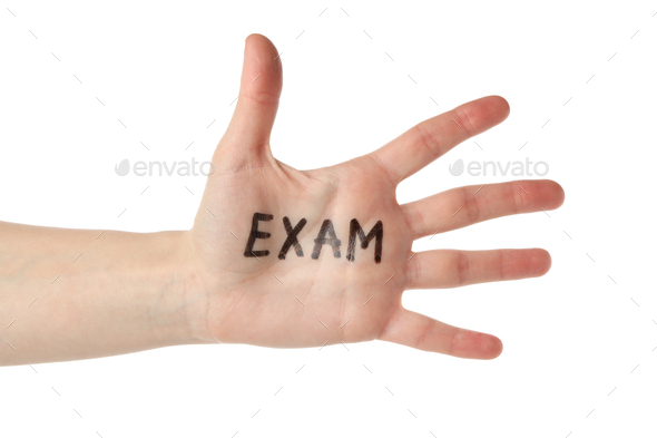 Palm with inscription Exam isolated on white background