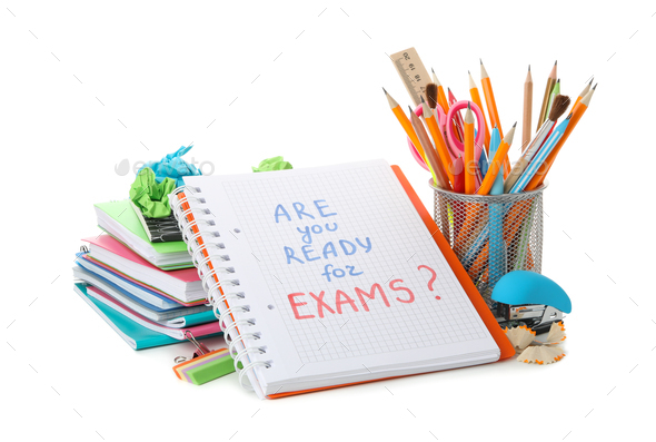 Copybook with inscription Are you ready for exams and stationery isolated on white background