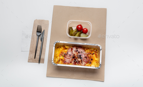 Lunch for worker in office, review of food delivery service and modern