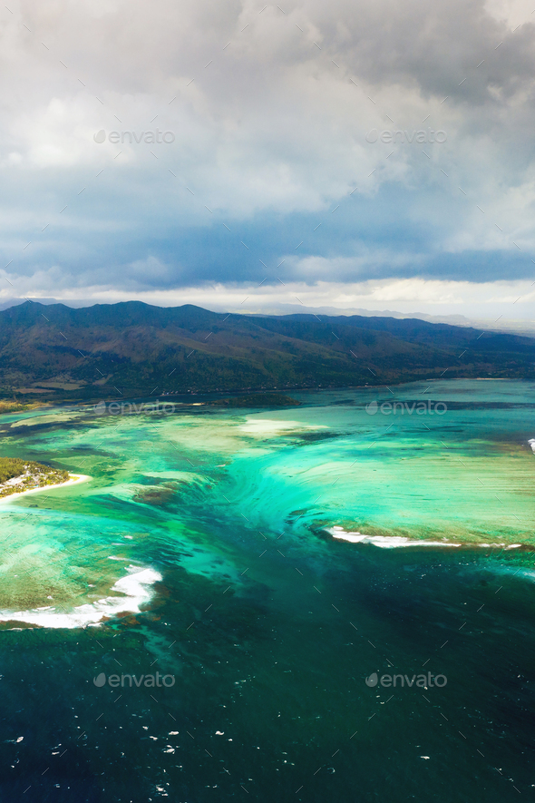 A bird\'s-eye view of Le Morne Brabant, a UNESCO world heritage site.Coral reef of the island of