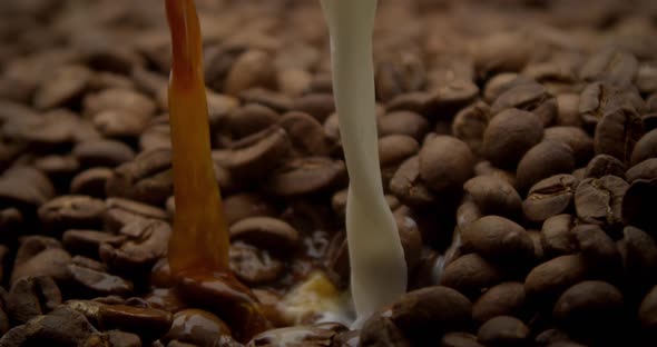 Slow Motion From 120 Fps Coffee and Milk Pouring on Coffee Beans