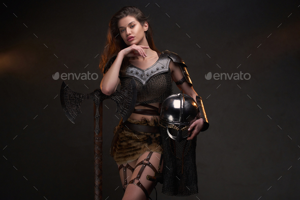 Women`s Viking Warrior Princess Costume Helmet Nordic Barbarian Lady Fancy  Dress