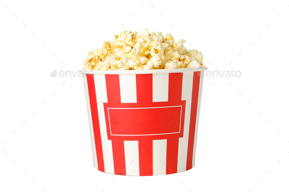 Cardboard bucket with popcorn isolated on white background Stock Photo ...