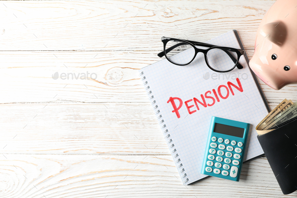Pension concept with inscription Pension on wooden background, top view - Stock Photo - Images
