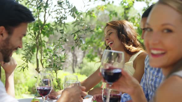 Group of friends toasting red wine glasses alt