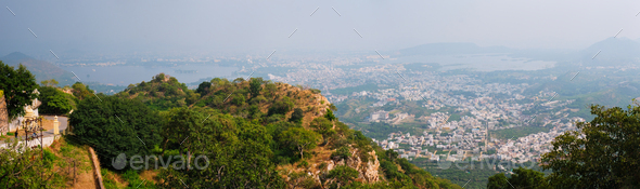 View of Udaipur and Lake Pichola from Monsoon Palace. Udaipur, Rajasthan, India - Stock Photo - Images