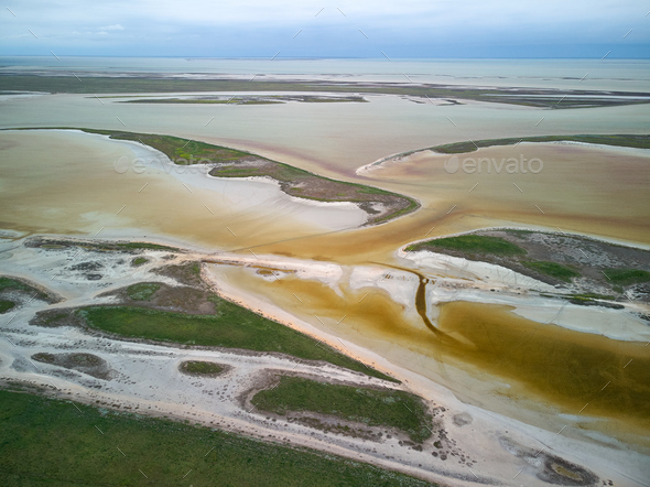 aerial view of islands and shallows on the Sivash salt lake near the ...