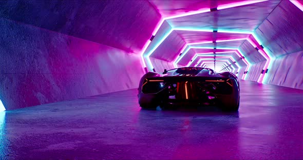 A Modern High Speed Red Racing Car Drives Through a Neon Tunnel
