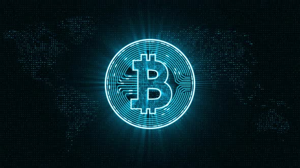 Blue bitcoin icon cryptocurrency concept on earth maps abstract background