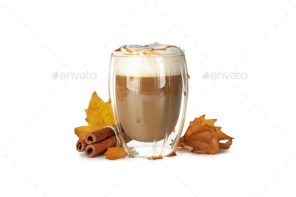 Glass with latte macchiato on white background Stock Photo