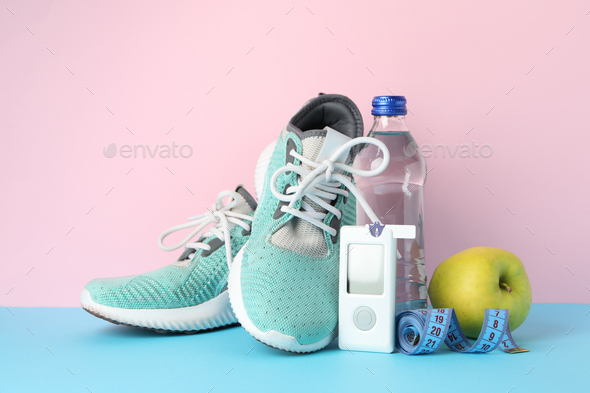 Concept of a healthy diabetic on pink background. Sports diabetic - Stock Photo - Images